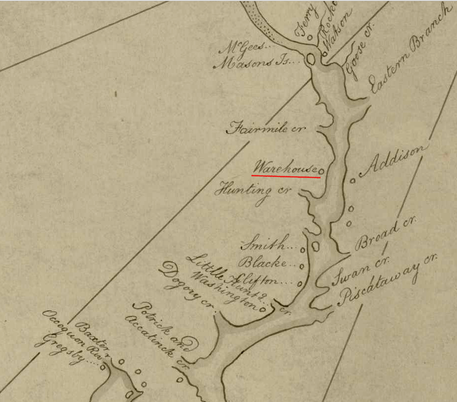 Peter Jefferson's 1747 map of the Fairfax Grant noted the Hunting Creek tobacco inspection warehouse