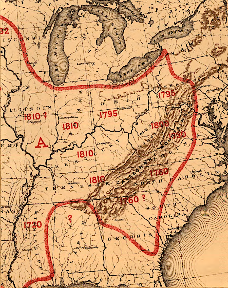 map showing the year in which bison were extirpated from eastern states