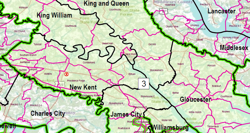Tommy Norment Jr. represented Senate District 3 in the 2015 General Assembly, and as Majority Leader had influence to negotiate a deal to relicense the Colonial Downs track (red X) while the legislature was in session
