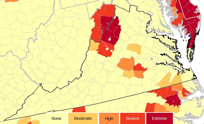 concentrated animal feeding operations (CAFO's) or factory farms raising poultry are most common in Augusta, Rockbridge, and Page counties in the Shenandoah Valley