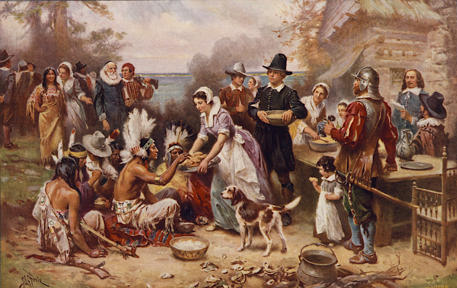 the New England version of the first Thanksgiving in 1621 included turkeys, unlike the 1619 Virginia version highlighted by Berkeley Plantation