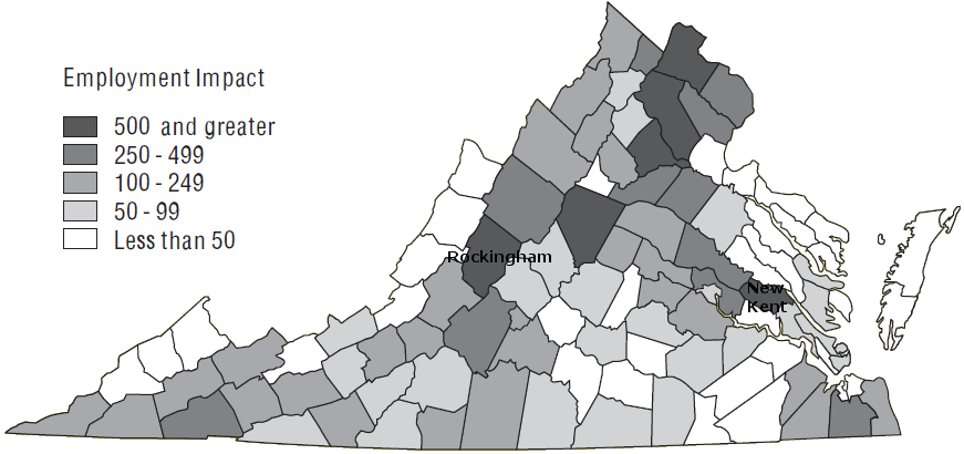 economic impact of the horse industry is concentrated in the Piedmont region, Rockingham County (home of the Virginia Horse Center) and New Kent County (home of Colonial Downs racetrack) - but the economic impacts of recreational horse ownership clearly extends across the state, beyond the farms counted in the Census of Agriculture every 5 years