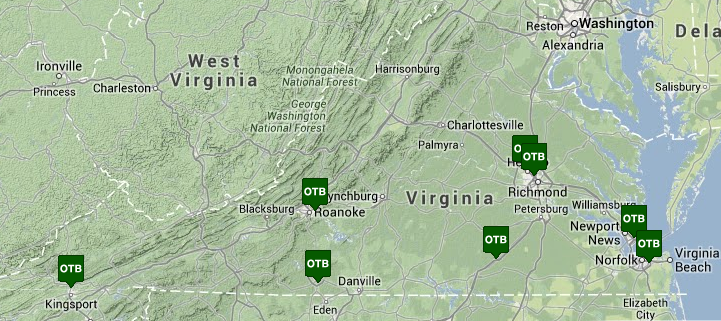 Off-Track Betting (OTB) parlors are located near the borders with Tennessee and North Carolina, but not Maryland or DC