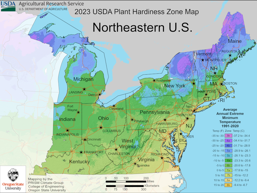 the average annual extreme minimum winter temperature defines the plant hardiness zones for Virginia