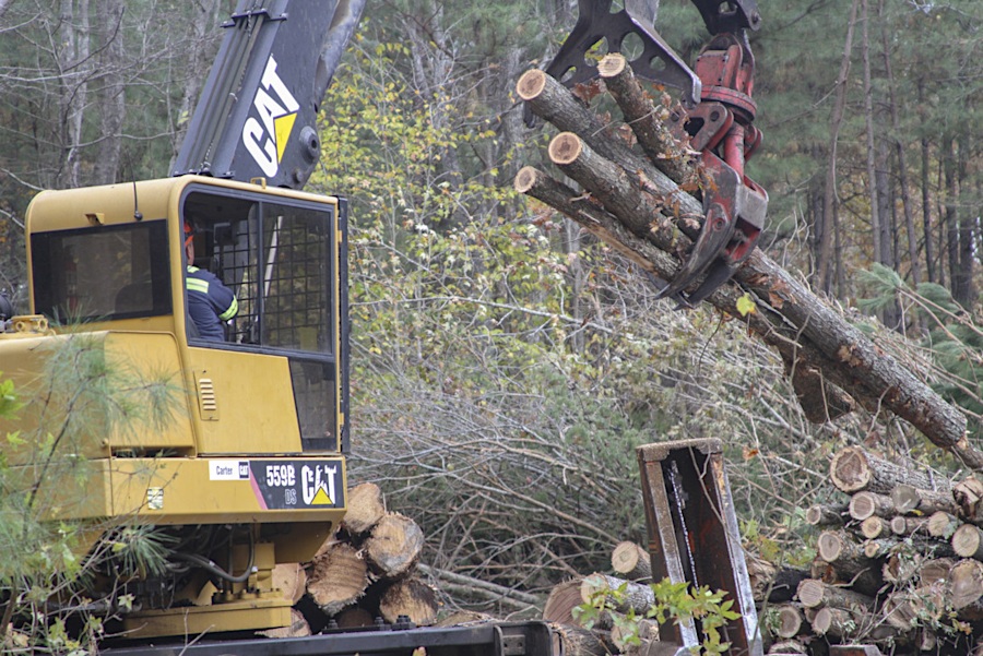 specialized equipment is used to load logs from the cold deck onto trucks going to the mill