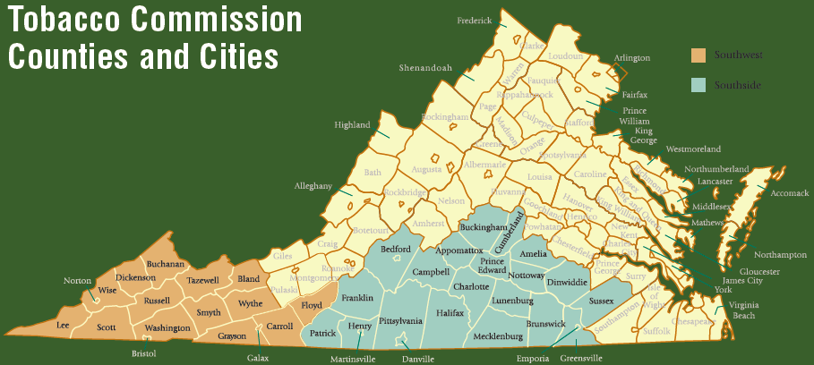 41 tobacco-dependent localities where Virginia Tobacco Indemnification and Community Revitalization Commission made investments to revitalize the region