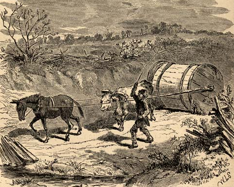 tobacco hogsheads too heavy to lift into wagons could be transported by rolling roads from farm to riverbank, for inspection (after 1730) and export