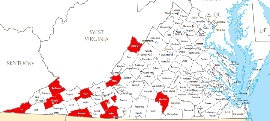 officially-dry counties are concentrated in southwestern Virginia, but all counties on the I-81 corridor are wet