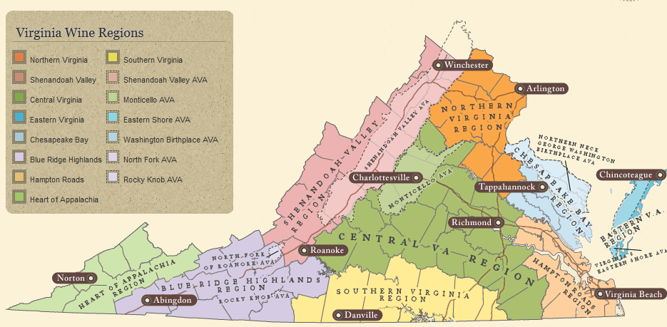 Virginia's six American Viticultural Areas and tourism-defined wine regions, before the seventh (Middleburg Virginia AVA) was approved in October 2012