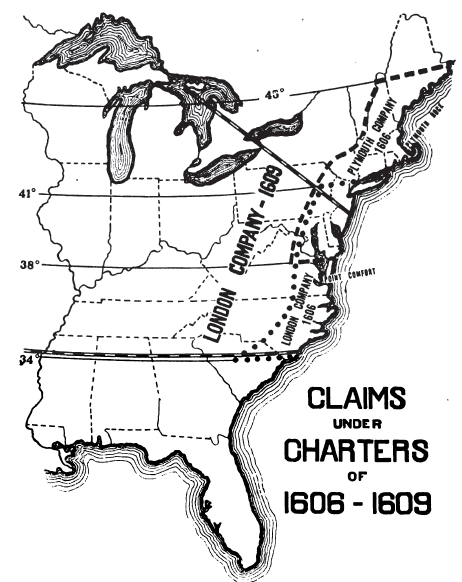 the First Charter in 1606 defined overlapping boundaries where settlement was authorized for both the London and Plymouth companies