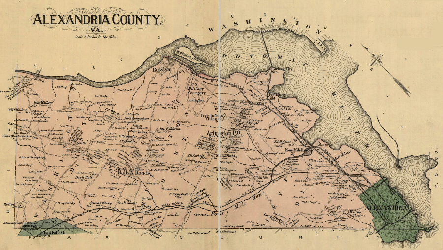 the 1878 boundaries of Alexandria County show the area once included within the District of Columbia and retroceded to Virginia in 1847