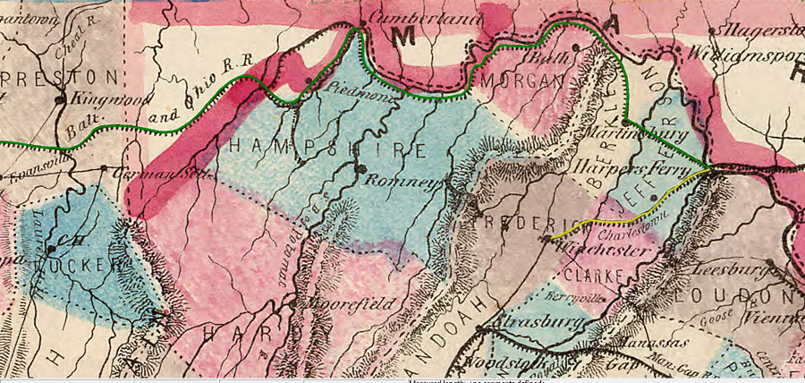 the route of the Baltimore and Ohio Railroad between Harpers Ferry and Wheeling (green line) shaped the final boundaries of West Virginia, but the extension to Winchester (yellow line) had less influence and Frederick County was not added to the new state