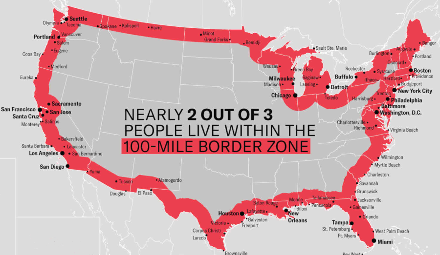 the 100-mile border zone in which Federal agents can establish checkpoints extends west of Richmond