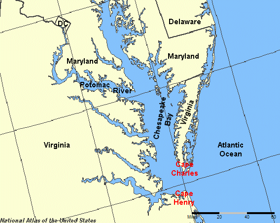 Virginia owns both Cape Charles and Cape Henry, so it controls the mouth of the Chesapeake Bay