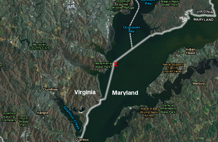 the SS Freestone (red X) was docked at what is today Leesylvania State Park, upstream (north) of the Potomac Shores development on Cherry Hill Peninsula