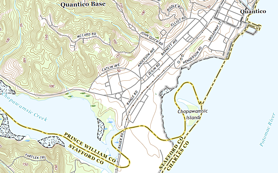 after the Mathews-Nelson line was surveyed and adopted, Chopawamsic Island offshore from Marine Corps Base Quantico ended up in Stafford County, Virginia