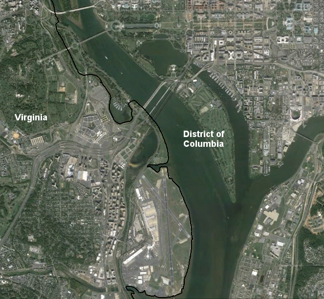 the postal address of the Pentagon (Washington, DC 20301-1400) does not reflect the boundary; the five-sided headquarters of the Department of Defense is located west of Boundary Channel - in Virginia