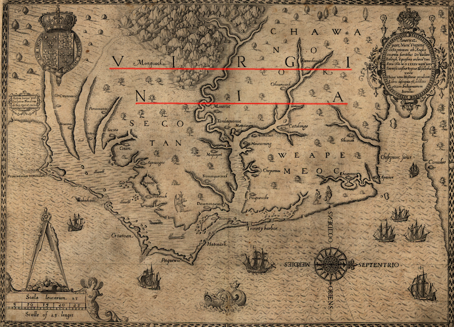 Theodor De Bry printed John White's map in 1590, becoming the first to use the place name Virginia