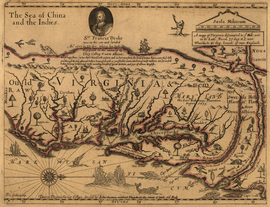John Farrer's 1667 map, showing presumed location of Pacific Ocean just west of the Blue Ridge Mountains