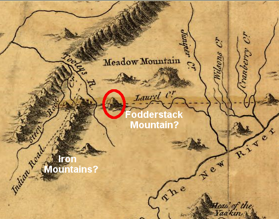 if the feature circled in red is modern Fodderstack Mountain, then the range to the west could be the modern Iron Mountains