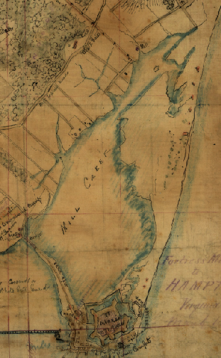 since 1861, submerged lands underneath Mill Creek to the north and portions of Hampton Roads west of the historic fort were filled in