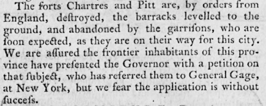 news from Philadelphia reached Williamsburg in December, 1772 that the British Army had abandoned Fort Pitt and Fort Chartres