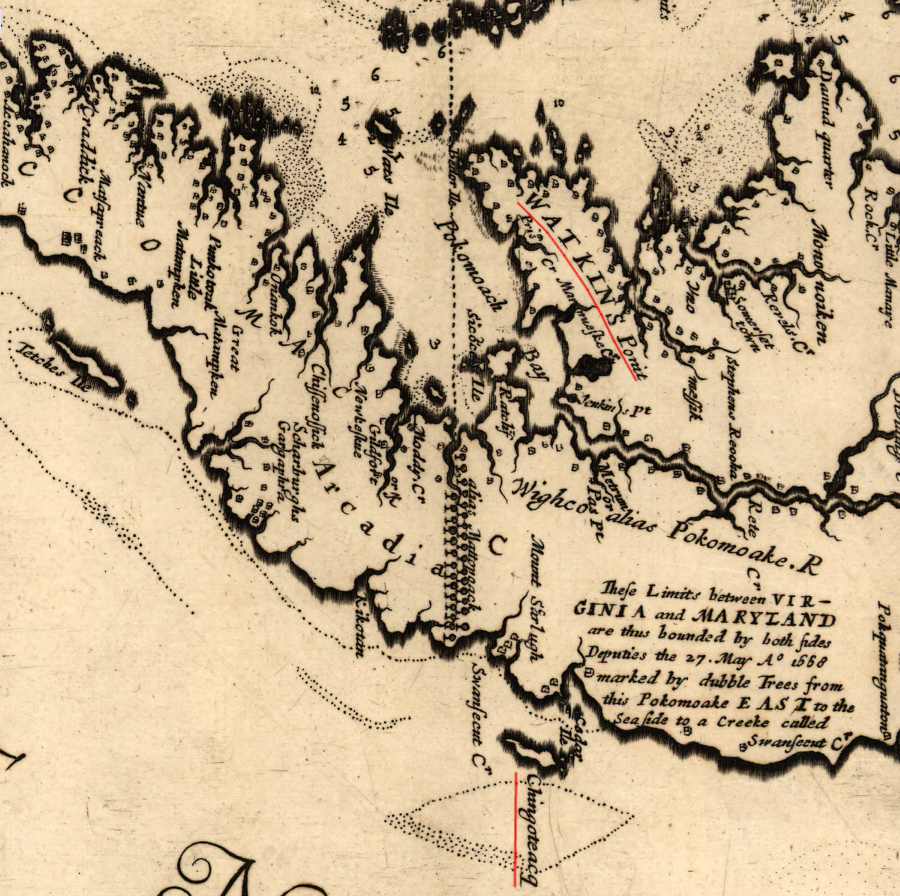 Augustine Herrman's map, prepared for Lord Calvert in the 1660's, placed Chincoteague north of the double line of trees and thus within Maryland
