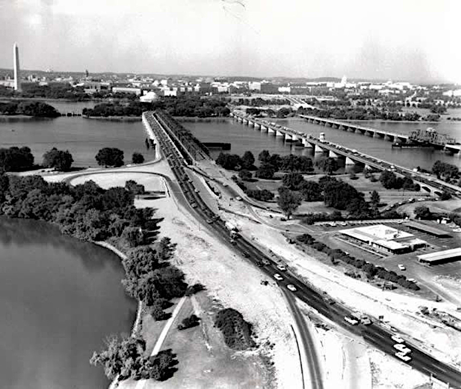 from left to right: George Mason Memorial Bridge (1962), the Highway Bridge (1906), the 14th Street Bridge (1950), and Long Bridge (1904)