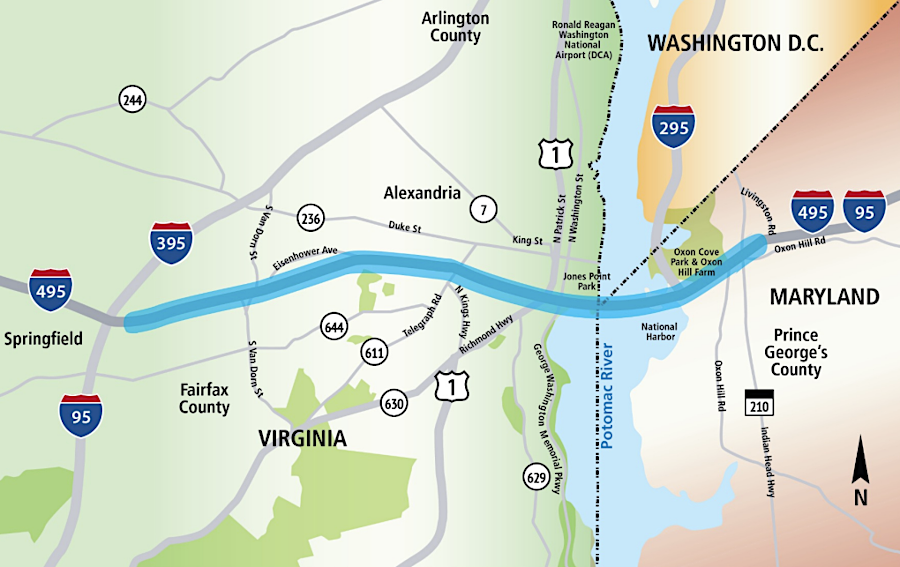 the 495 Southside Express Lanes proposal would add four High Occupancy Toll (HOT) lanes in the middle of the Woodrow Wilson Bridge