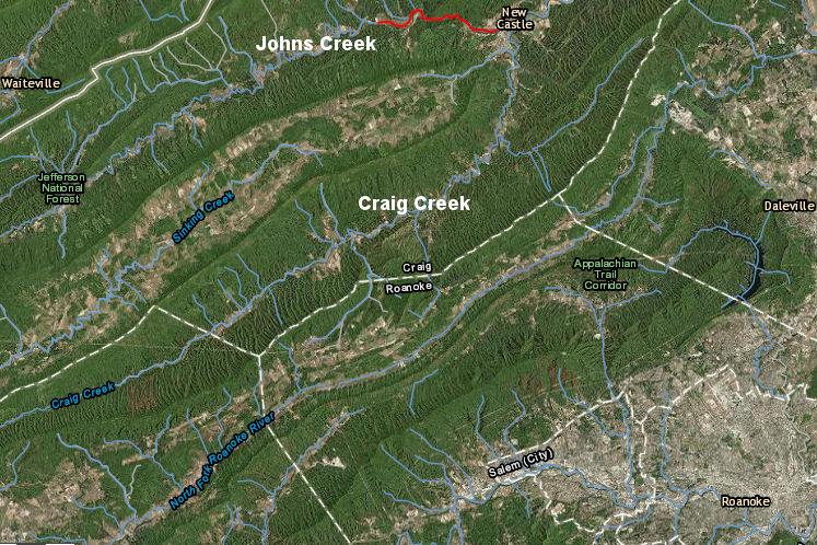 a 2015 administrative declaration by the Virginia Marine Resources Commission (VMRC) opened a stretch of Johns Creek to boating (red line)