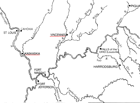 George Rogers Clark captured Kaskaskia and Vincennes during the American Revolution, cementing Virginia's claims to the territory northwest of the Ohio River