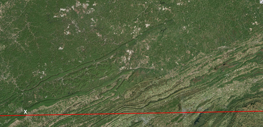 after passing through Cumberland Gap (white X) in 1750, Thomas Walker discovered the Loyal Land Company would be able to find rich, level bottomland north of the 36° 30' line of latitude (red line)