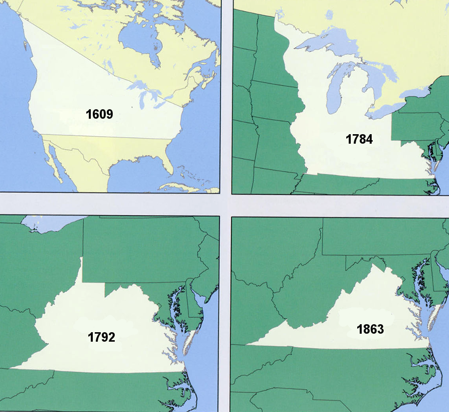 Virginia's land claims shrank from the 1609 Second Charter grant from sea to sea, west and northwest until the formation of the State of West Virginia in 1863