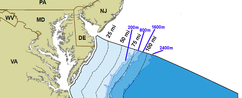 contour lines showing depth of Outer Continental Shelf (in blue) and distance from Virginia shoreline (in black)