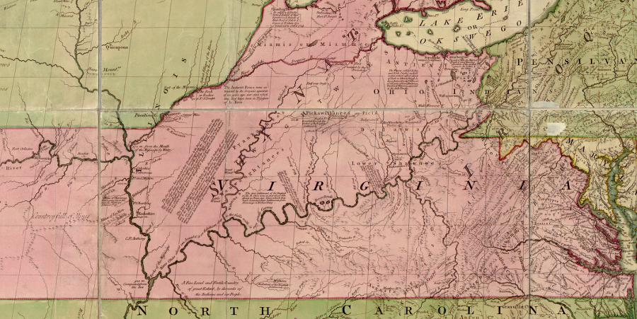 on the 1755 Mitchell map, lands west of the Ohio River and north to Canada were identified as part of Virginia