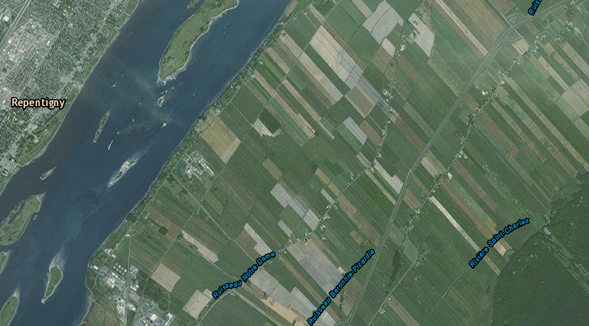 the French pattern of allocating land in narrow strips is still clear along the St. Lawrence River, just downstream from Montreal