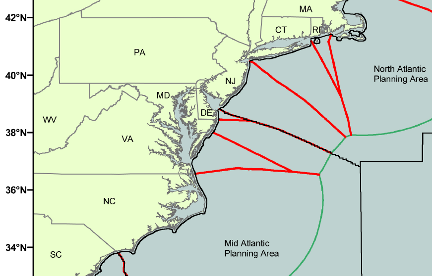 though the extension of the state boundary into the Atlantic Ocean may go directly east-west, the Federal Outer Continental Shelf (OCS) Administrative Boundaries are based on the principle of equidistance