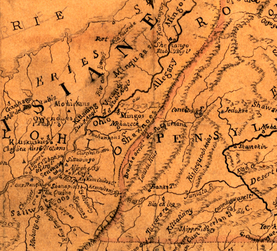 from the French perspective in the 1750's, the Allegheny Front defined the boundary and all of the Ohio River Valley was part of Louisiana