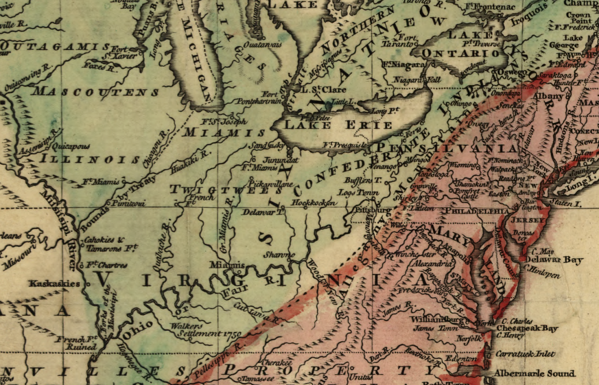 the Proclamation of 1763 attempted to create an Indian Reserve and block colonial settlement on lands west of the Allegheny Mountains (shaded green), limiting Virginia's ability to issue legal title to lands granted to the Loyal Land Company, the Ohio Land Company, and others