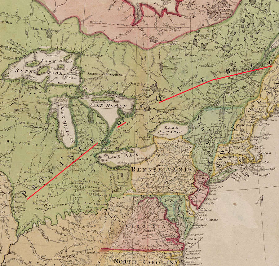 starting in 1774, Quebec's new boundaries blocked Virginians from the lands north of the Ohio River