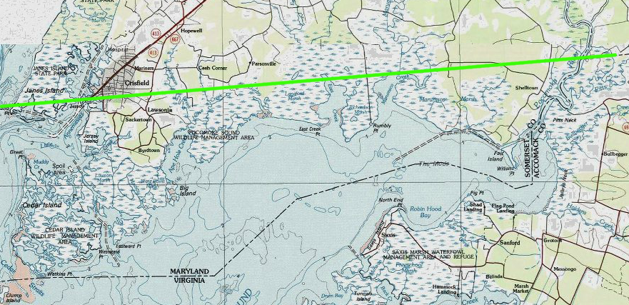 1632 charter defined area below green line as Virginia, but Calvert-Scarborough line established new boundaries in 1668 before the 1877 Black-Jenkins award