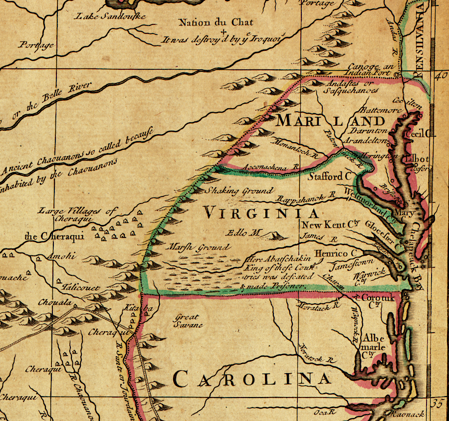 in 1721, John Senex duplicated Guillaume de L'Isle in using the Acconachena [Shenandoah] River as the Maryland-Virginia border