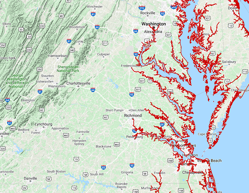 shoreline of Virginia, as mapped by the National Oceanic and Atmospheric Administration