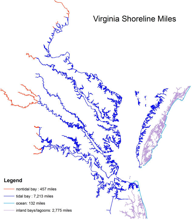 shoreline of Virginia, as mapped by the Virginia Institute of Marine Sciences