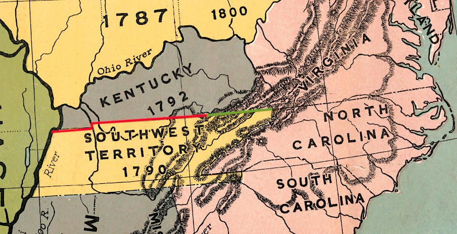 Virginia shared a boundary with the Southwest Territory between 1790-1792, and a shorter segment (green line) lasted until 1796