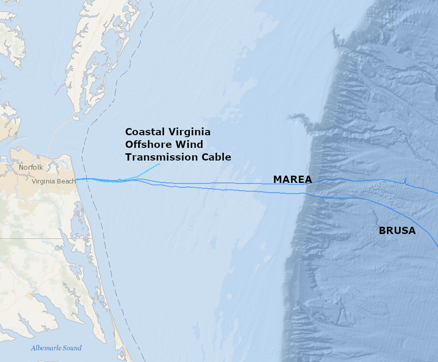 three major cables are authorized to cross Federal and state submerged lands off Virginia Beach (dotted line is Submerged Lands Act 3-mile boundary)