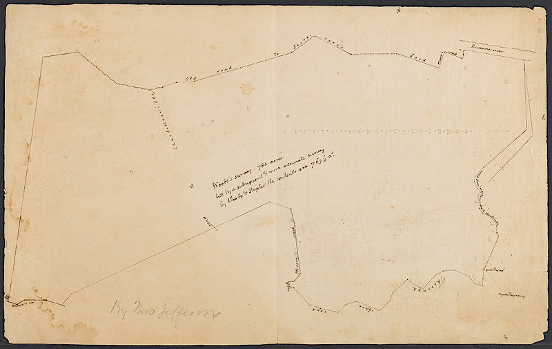 survey by Thomas Jefferson of wooded tract between Monticello and Rivanna River