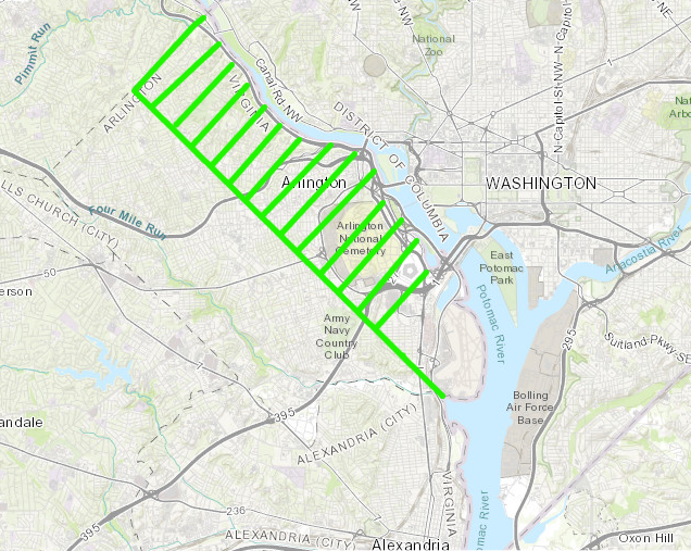 President Taft proposed the Federal government acquire land (shown in green) along the Potomac shoreline in Arlington County