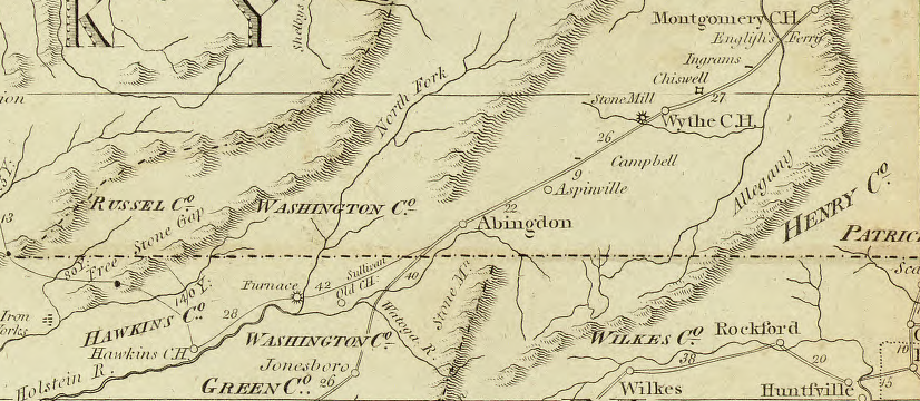 mapmakers as late as 1796 showed a Virginia-Tennessee border extending straight to the Cumberland Mountains, based on the 36° 30' parallel of latitude defined in 1665 to separate Virginia-North Carolina