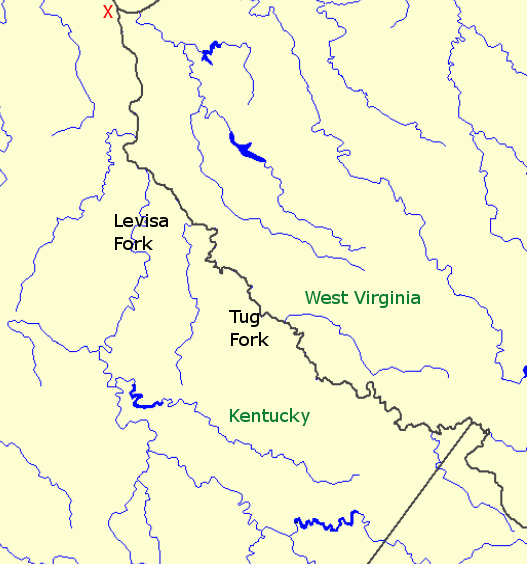 the main or north easterly branch thereof is the Tug Fork, not the Levisa Fork (the two merge to form the Big Sandy River, flowing north into the Ohio River at the red X on map)
